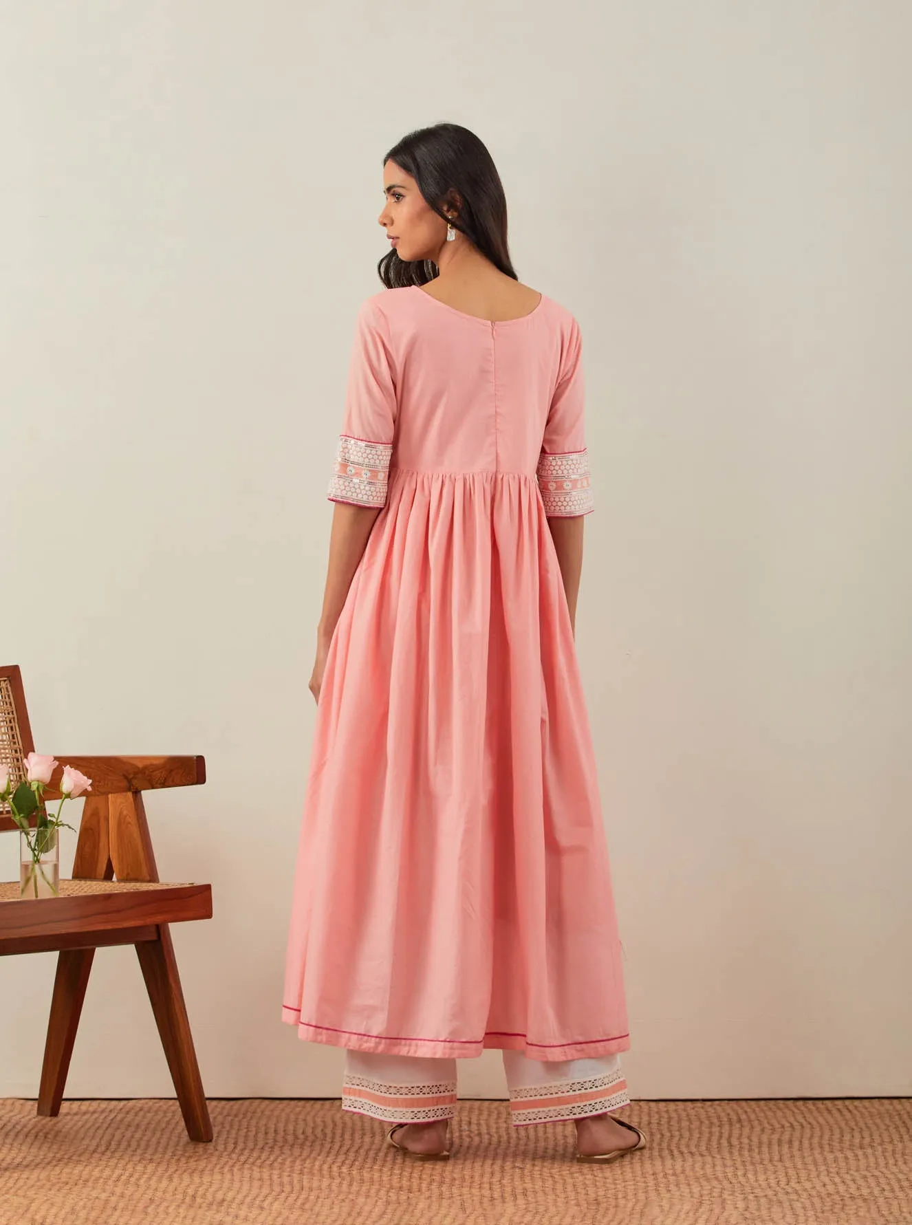 Peach Plain Markab Anarkali Kurta With Chikankari Border and Palazzo with lace detail & Dupatta (Set of 3)