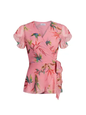 Pink Flutter-Sleeve Wrap Top - Sweet Pea