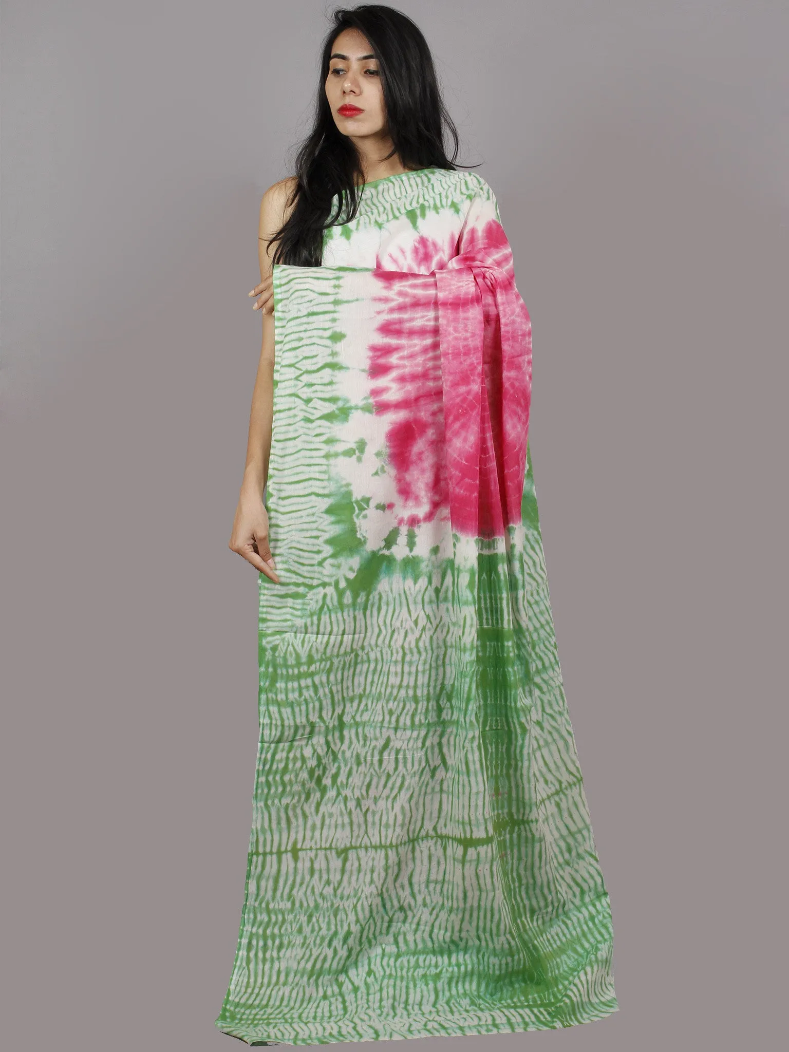 Pink Green Ivory Hand Shibori Dyed Cotton Saree - S031701373