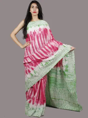Pink Green Ivory Hand Shibori Dyed Cotton Saree - S031701373