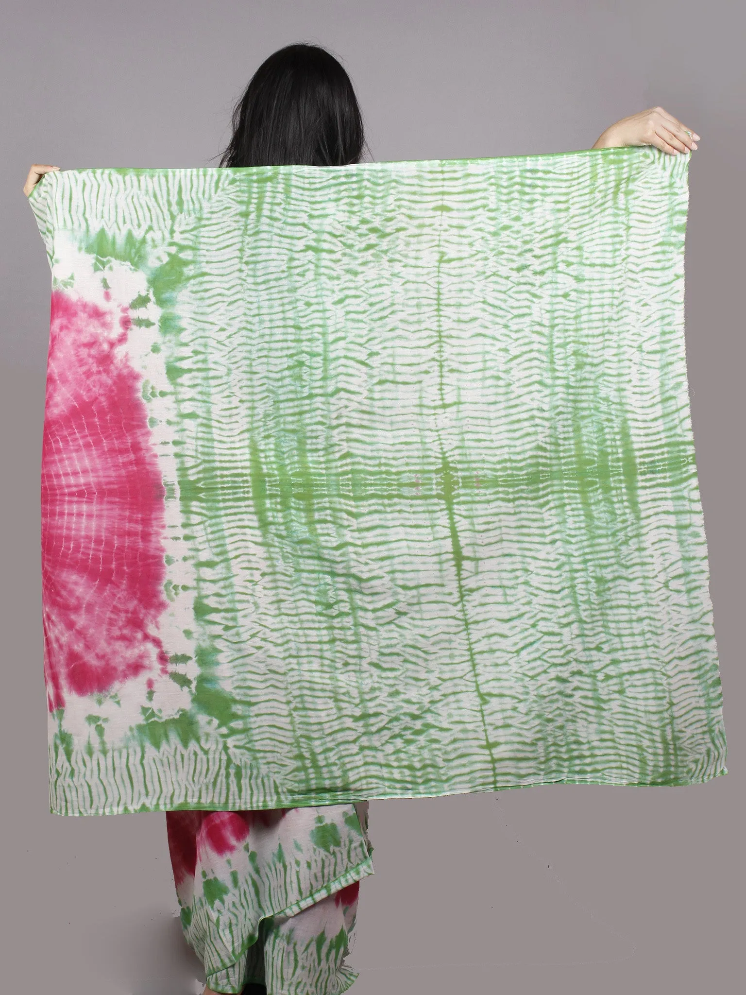 Pink Green Ivory Hand Shibori Dyed Cotton Saree - S031701373