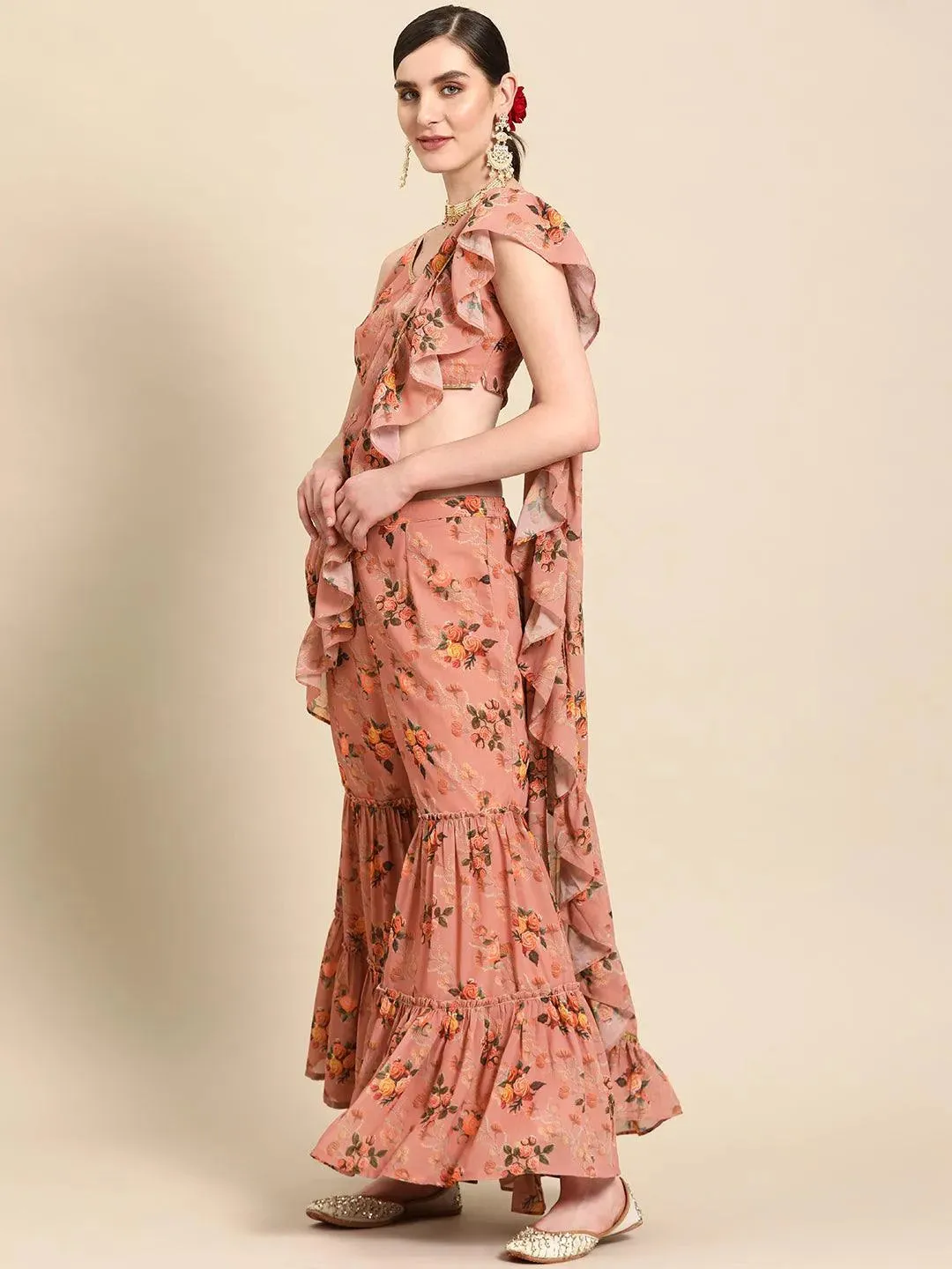Pink Printed Georgette Palazzo Saree