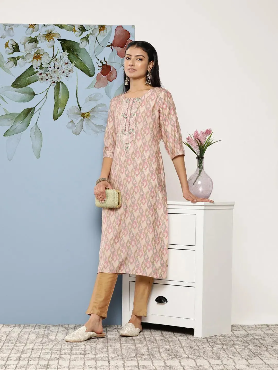 Pink Printed Silk Blend Straight Kurta