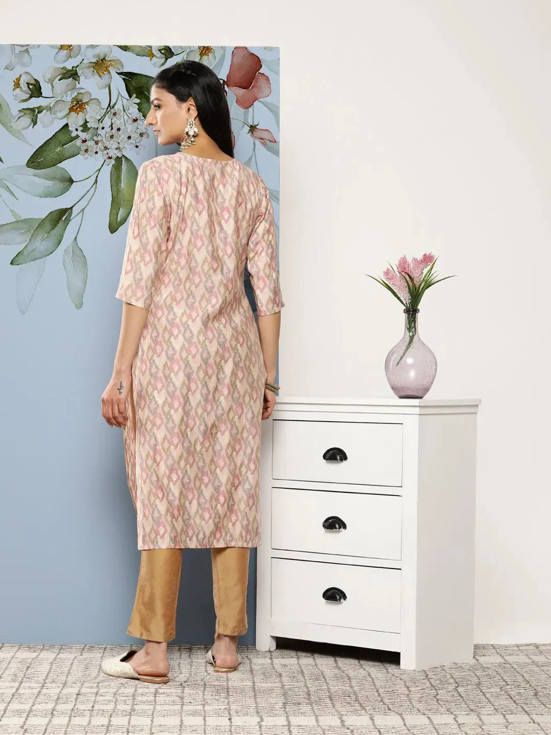 Pink Printed Silk Blend Straight Kurta