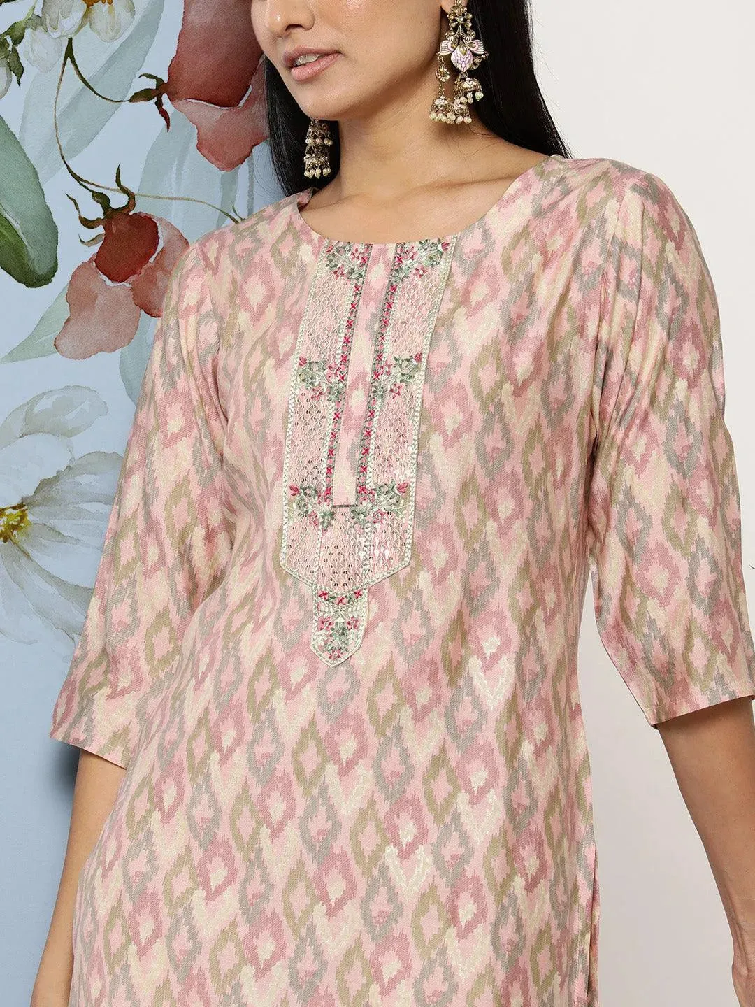 Pink Printed Silk Blend Straight Kurta