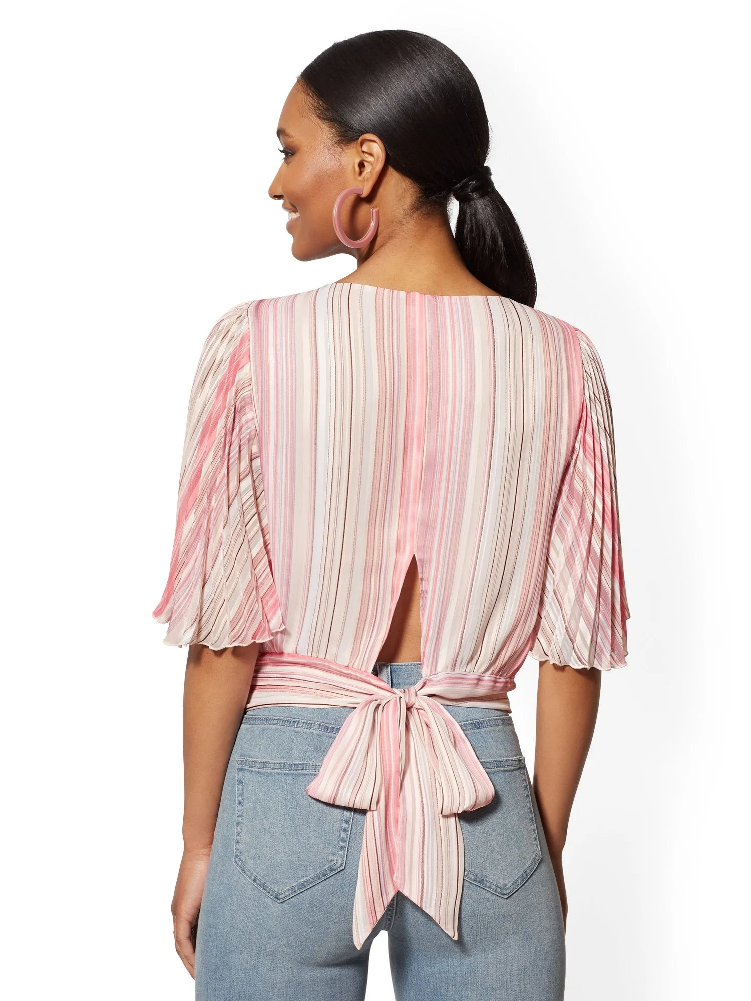 Pleated Flutter-Sleeve Top