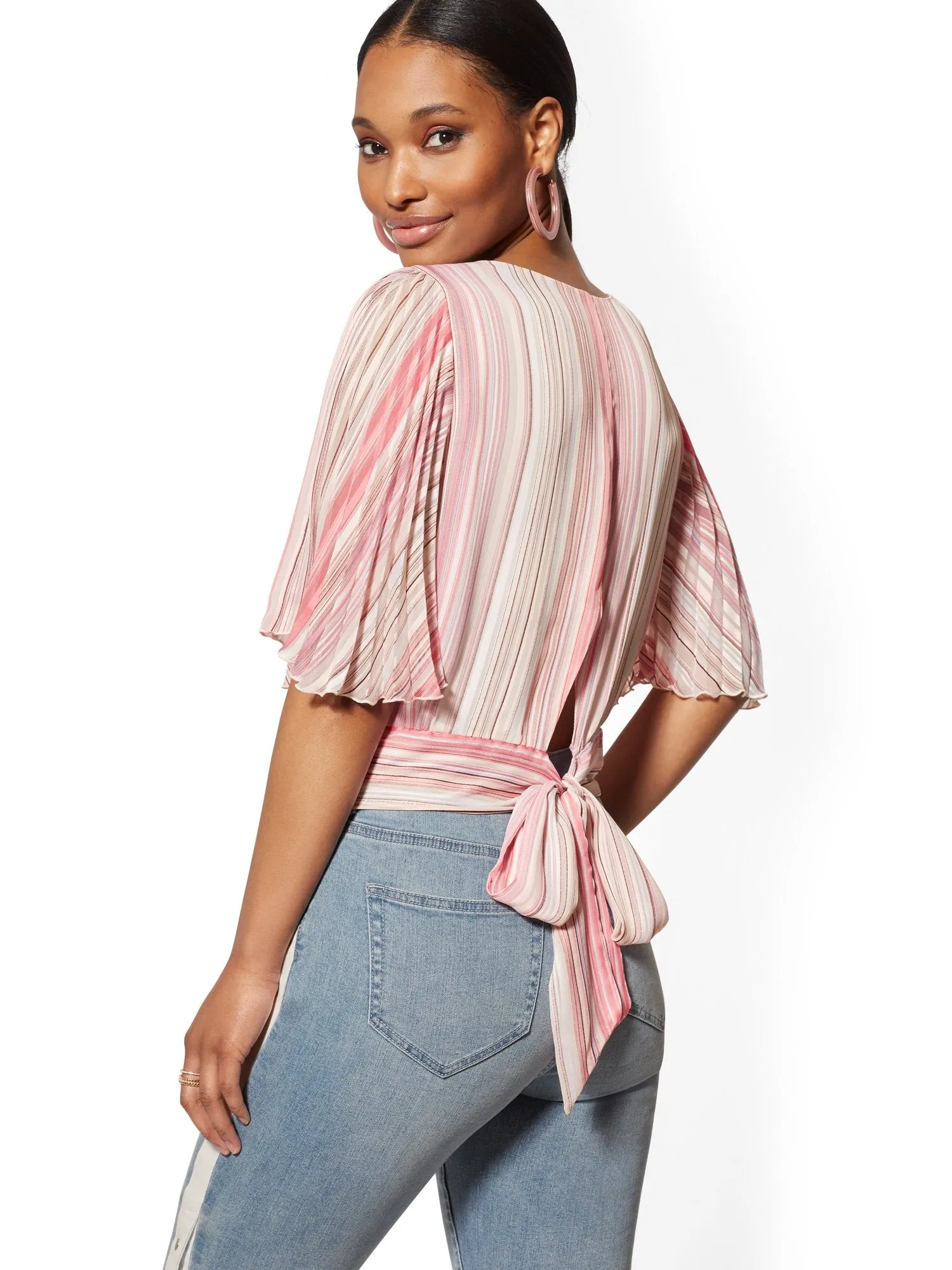 Pleated Flutter-Sleeve Top