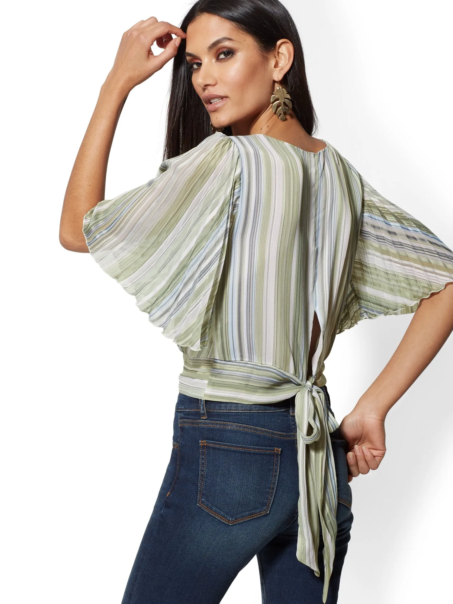 Pleated Flutter-Sleeve Top