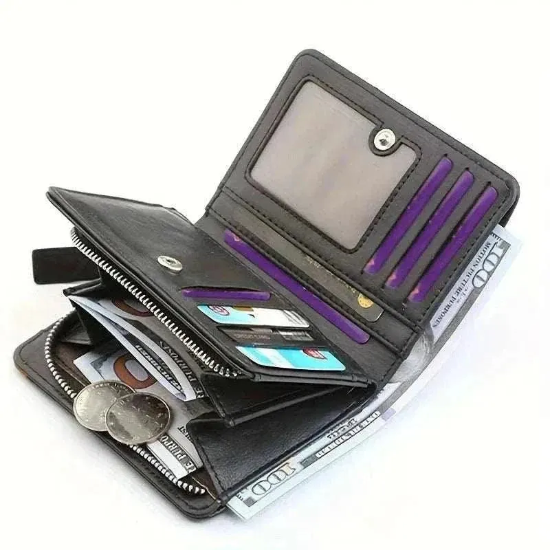 PU Leather Short Wallet - Men's Zipper Coin Pocket Bifold - MCW014