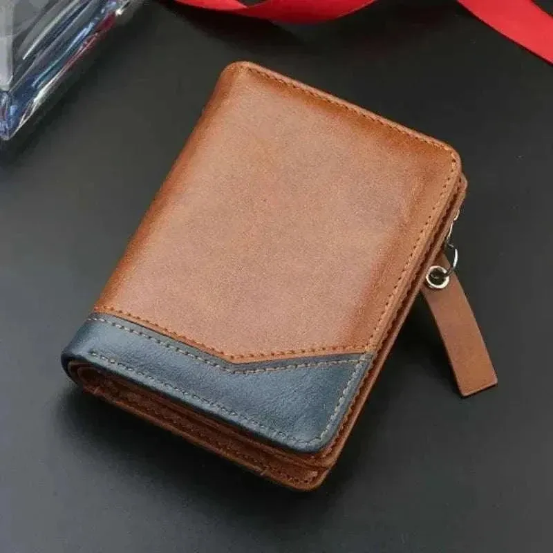 PU Leather Short Wallet - Men's Zipper Coin Pocket Bifold - MCW014