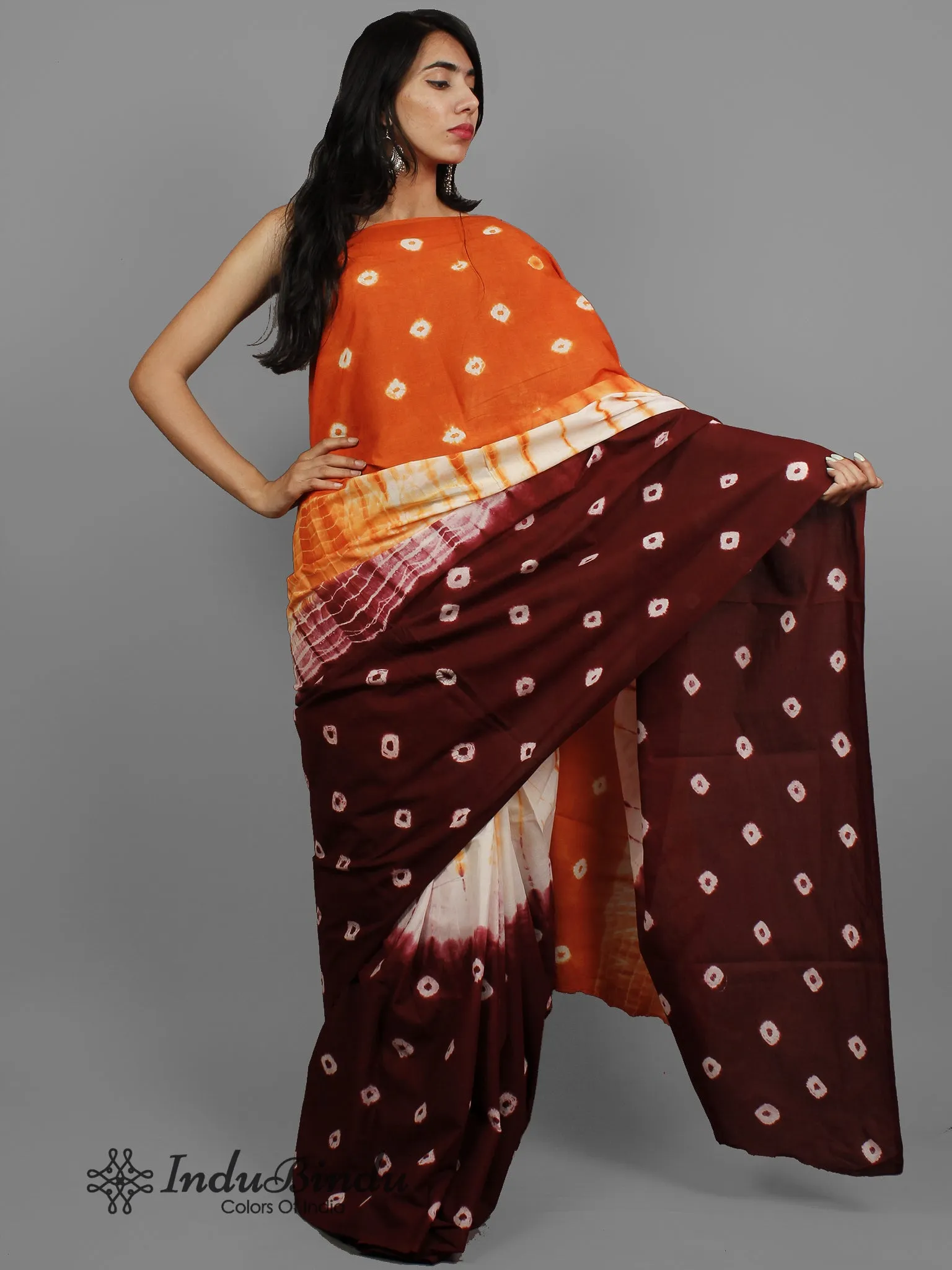 Red Brown Ivory Hand Shibori Dyed Cotton Saree - S031702407