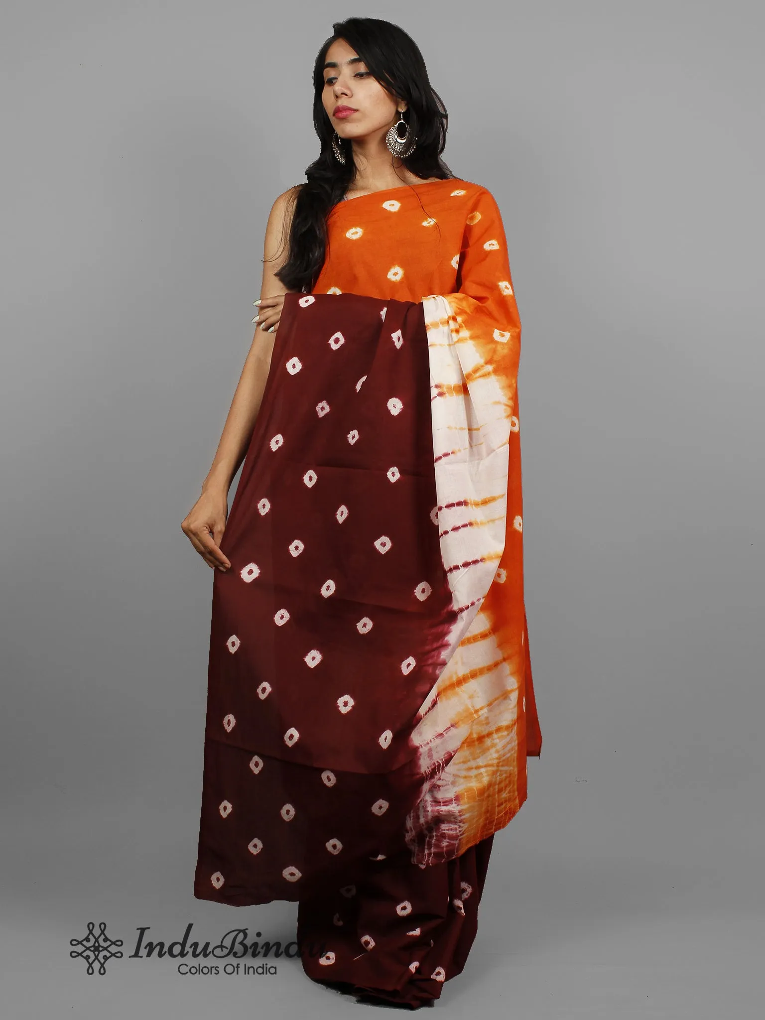 Red Brown Ivory Hand Shibori Dyed Cotton Saree - S031702407