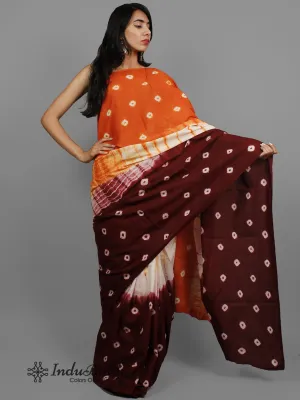 Red Brown Ivory Hand Shibori Dyed Cotton Saree - S031702407
