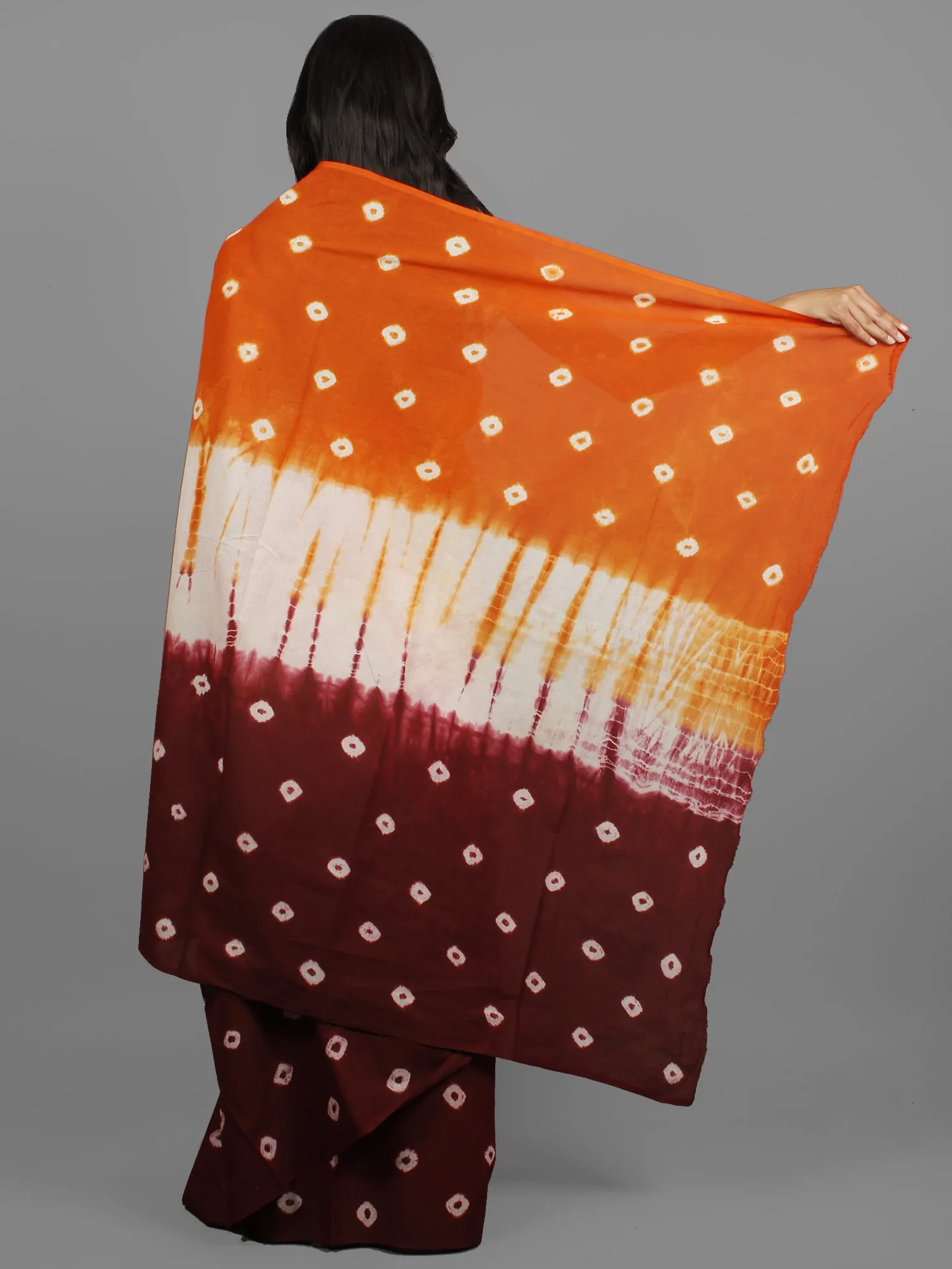 Red Brown Ivory Hand Shibori Dyed Cotton Saree - S031702407