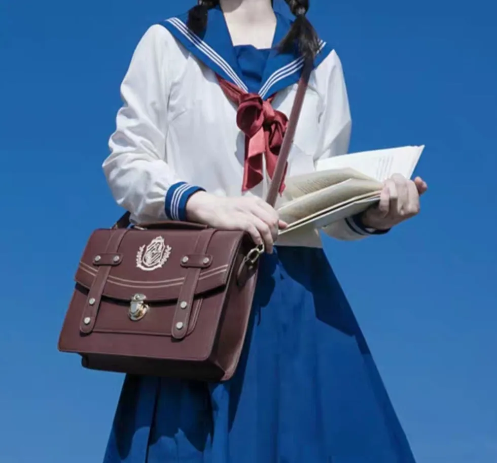 Retro Vintage Student Brown Black Leather Golden Button Crest Academia School College Briefcase Bag