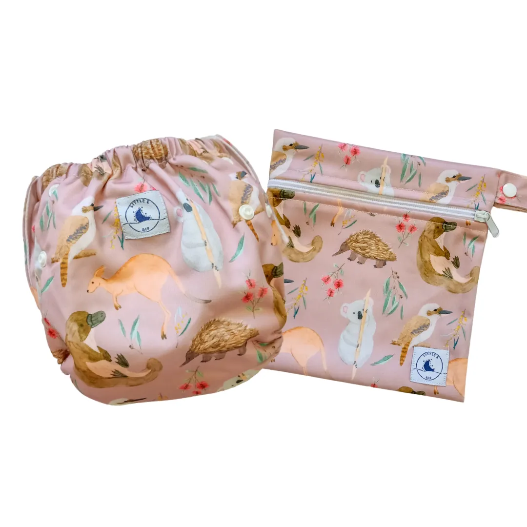 REUSABLE SWIM NAPPY & MINI WET BAG COMBO - AUS ANIMALS