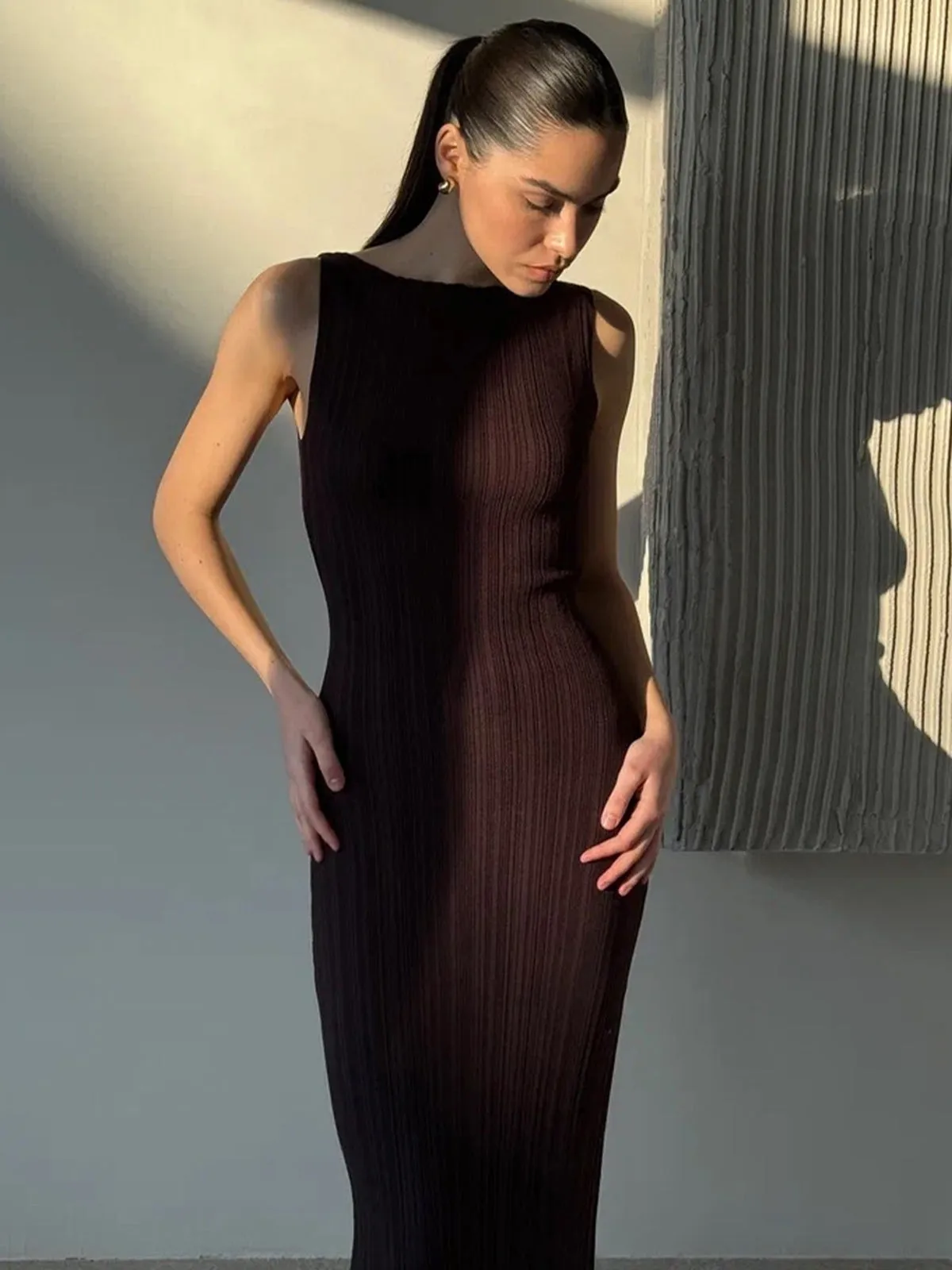 Ribbed Sleeveless Graceful Knit Long Dress