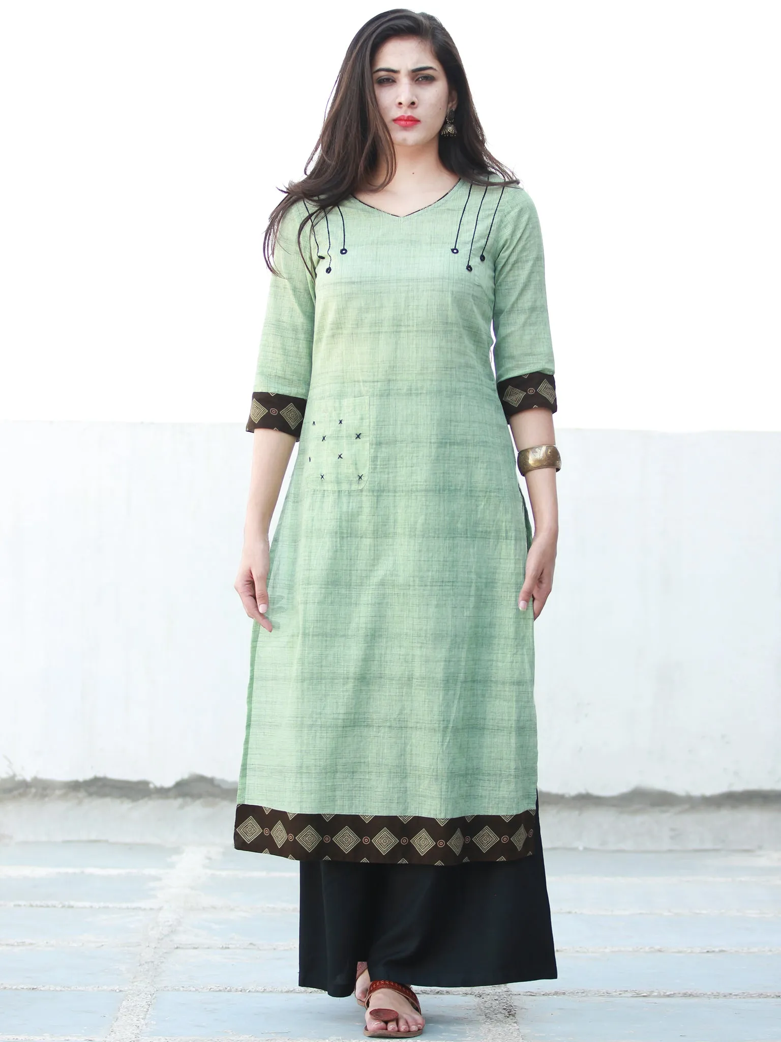 Sage Green Hand Embroidered South Handloom Cotton Kurta With Ajrakh Patch   - K133FXXX
