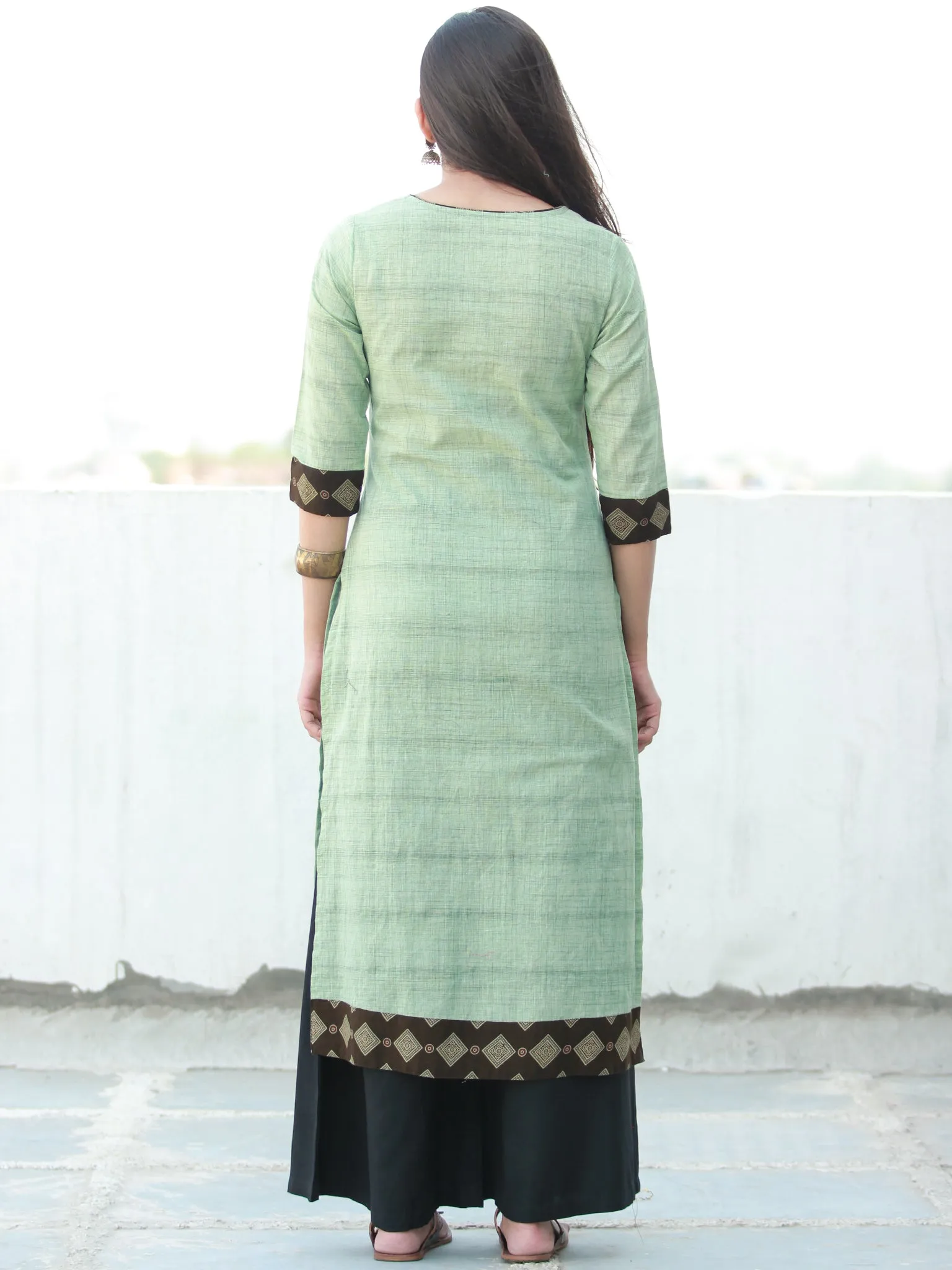 Sage Green Hand Embroidered South Handloom Cotton Kurta With Ajrakh Patch   - K133FXXX