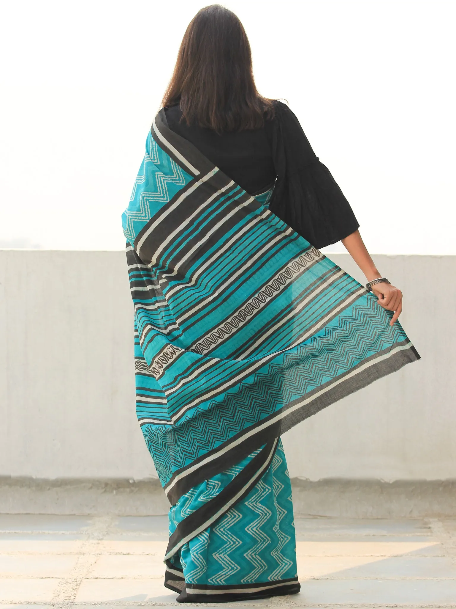 Sea Green Ivory Hand Block Printed  Cotton Mul Saree - S031704097