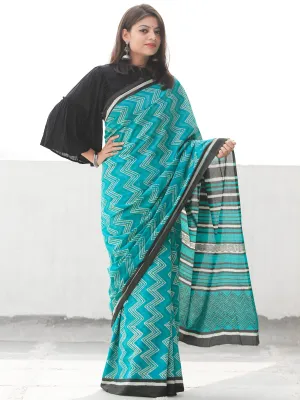 Sea Green Ivory Hand Block Printed  Cotton Mul Saree - S031704097