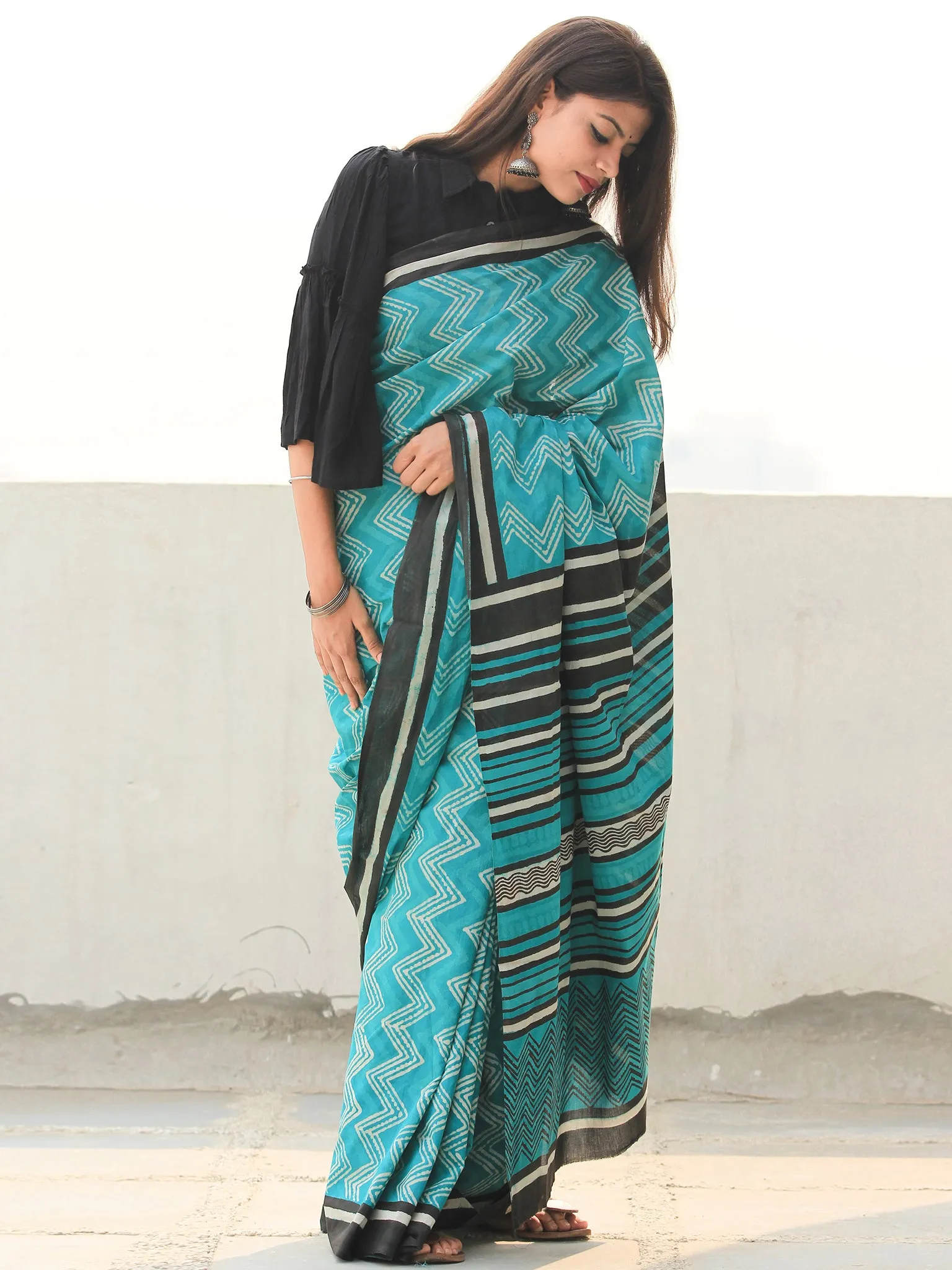 Sea Green Ivory Hand Block Printed  Cotton Mul Saree - S031704097