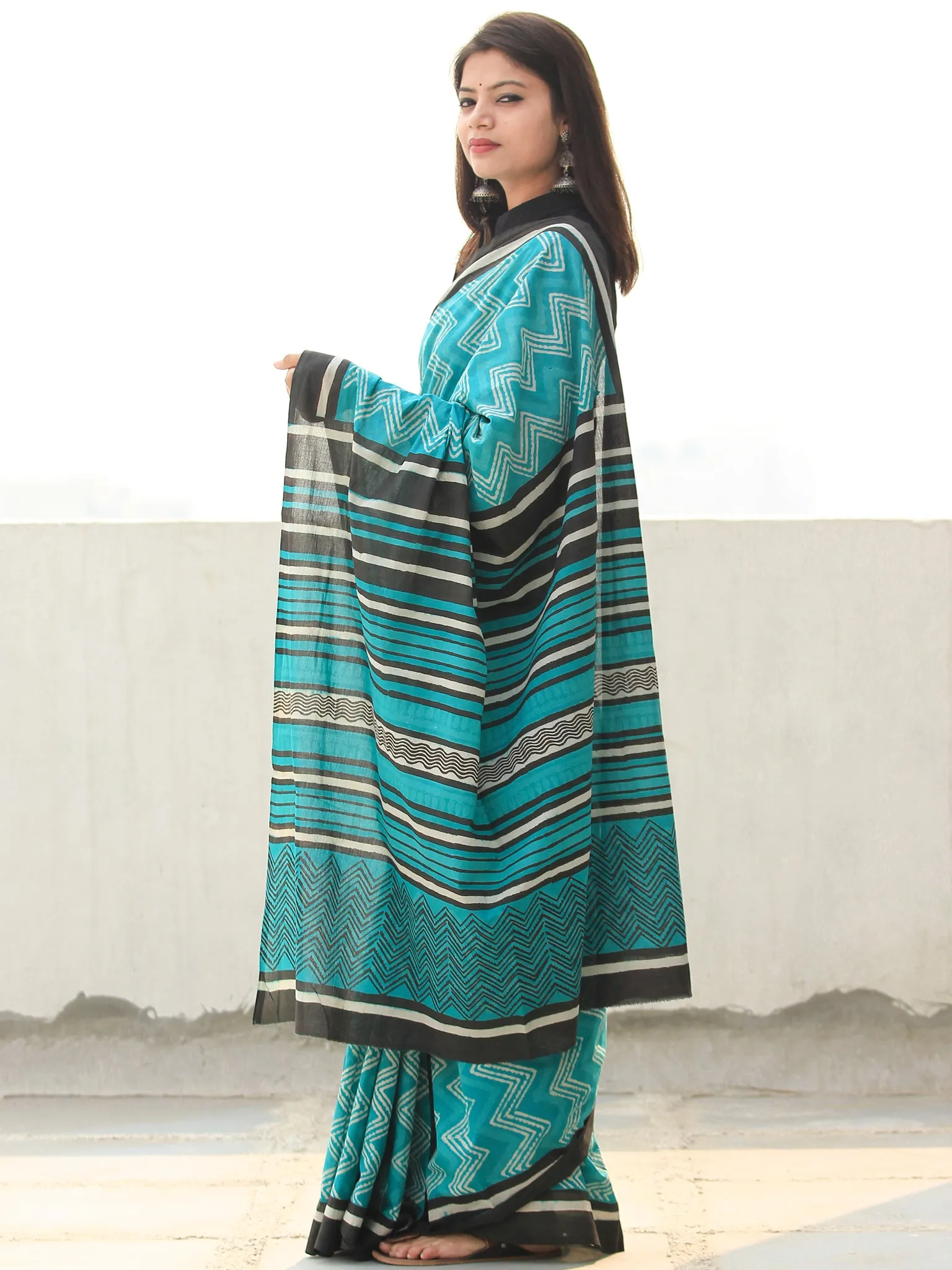 Sea Green Ivory Hand Block Printed  Cotton Mul Saree - S031704097