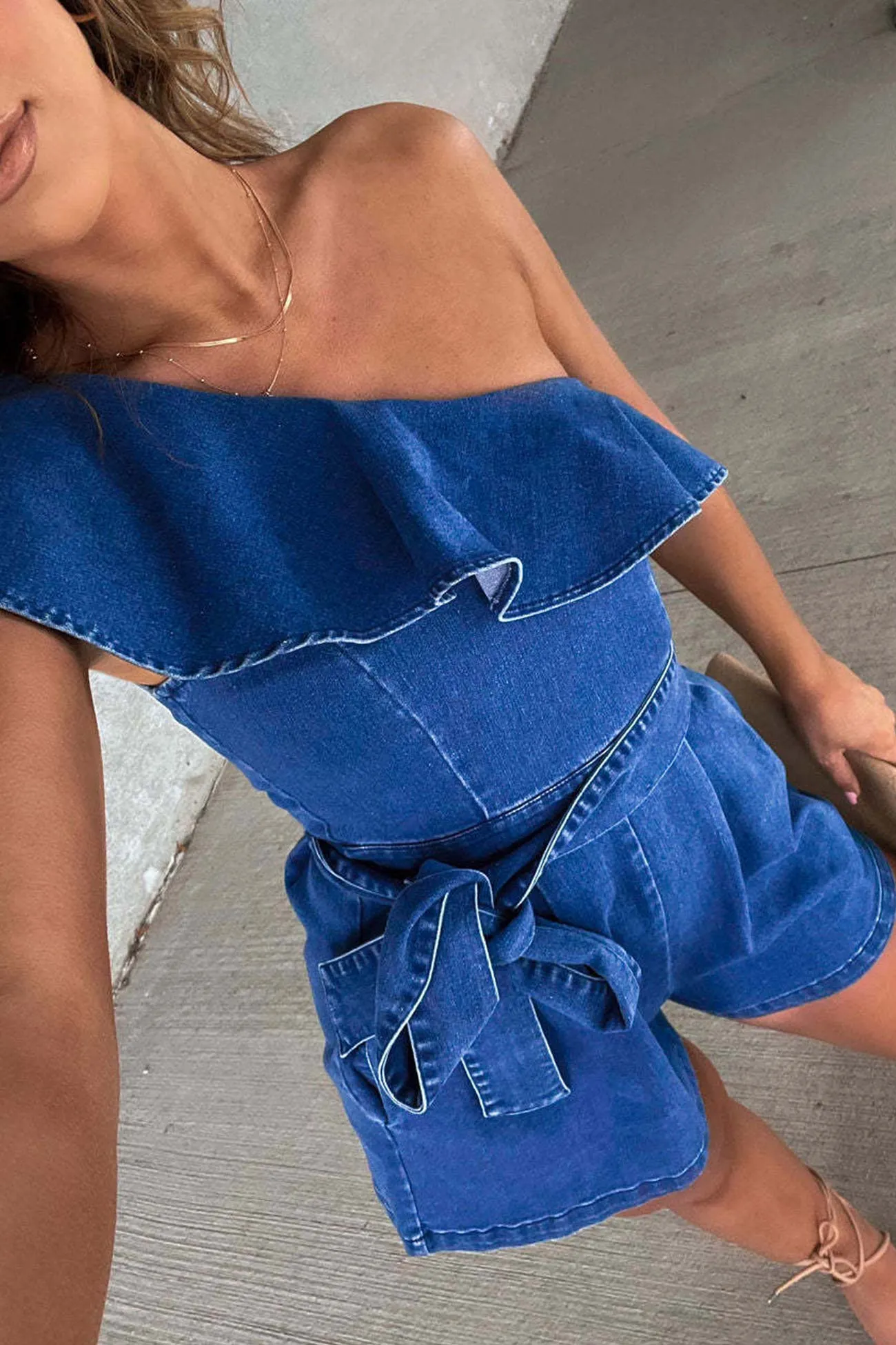 Slop Shoulder Ruffled Tie-waist Denim Rompers