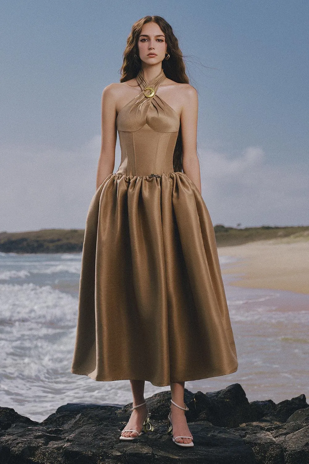 The Wood Fit and Flare Crossover Neck Taffeta Ankle Length Dress