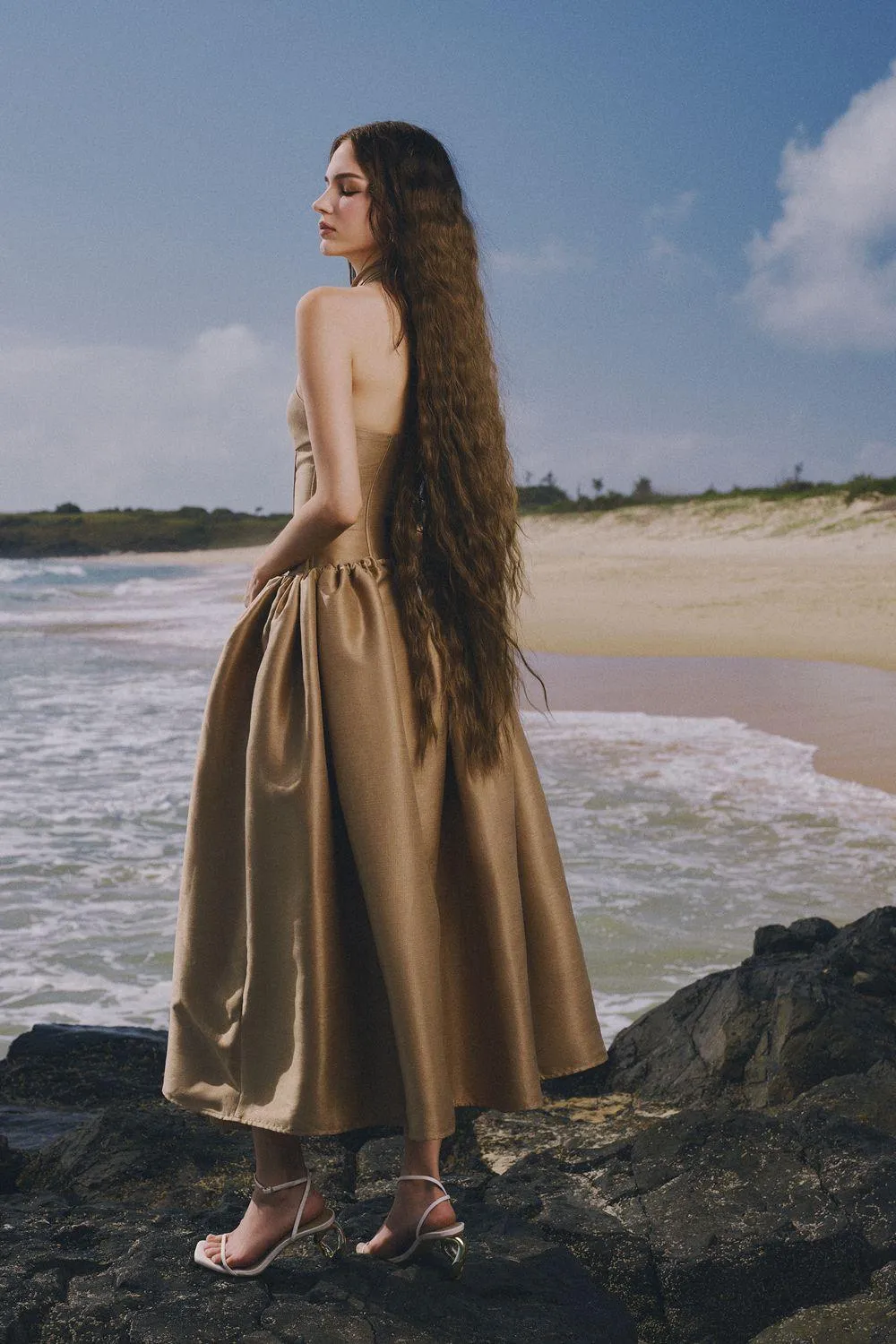 The Wood Fit and Flare Crossover Neck Taffeta Ankle Length Dress