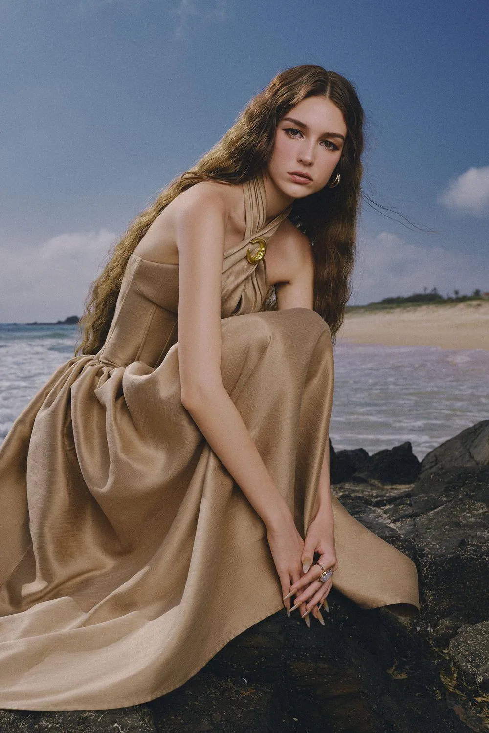 The Wood Fit and Flare Crossover Neck Taffeta Ankle Length Dress