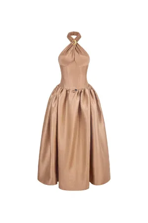 The Wood Fit and Flare Crossover Neck Taffeta Ankle Length Dress