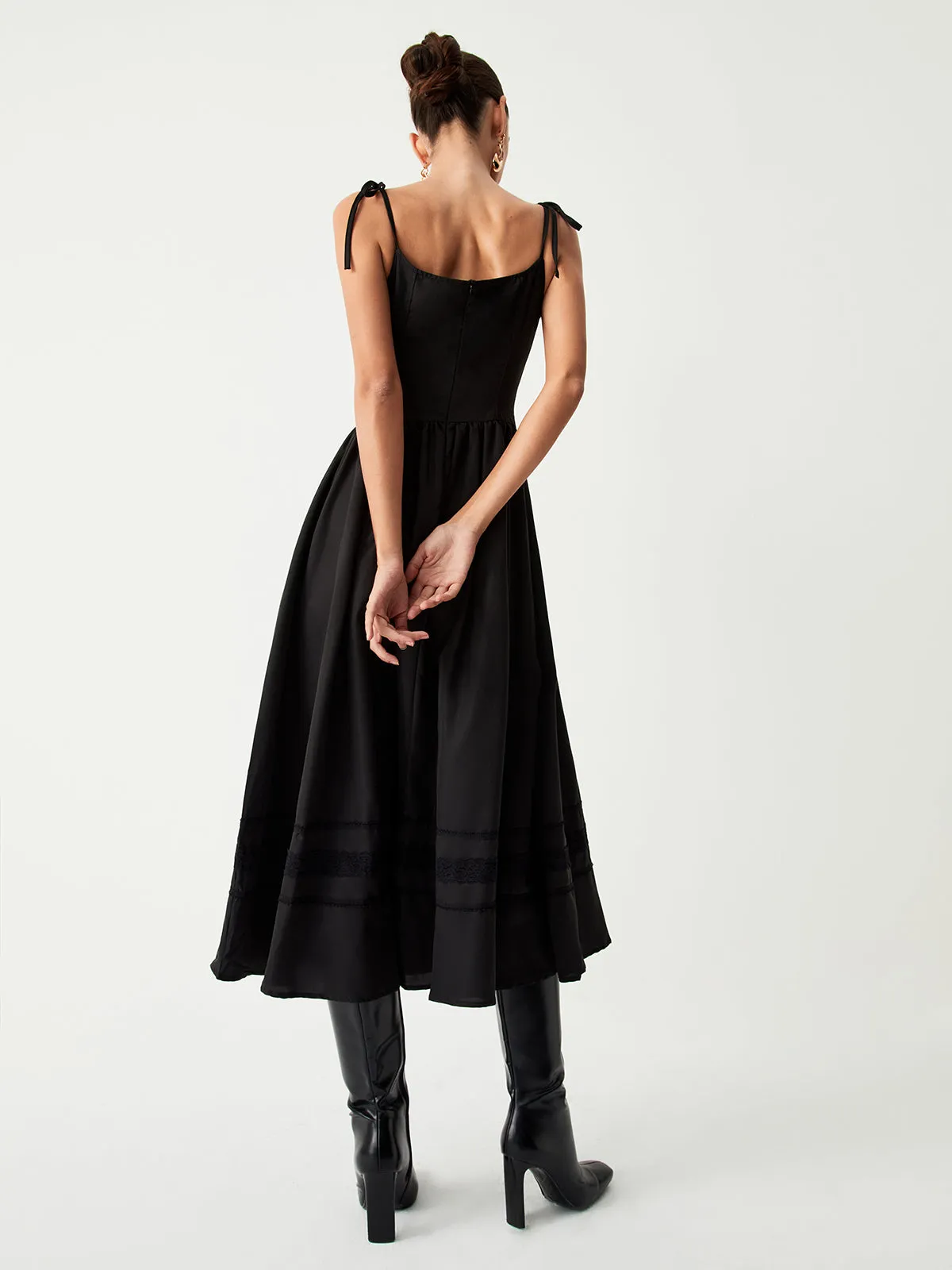 Tie Shoulder Graceful Pleated Midi Dress