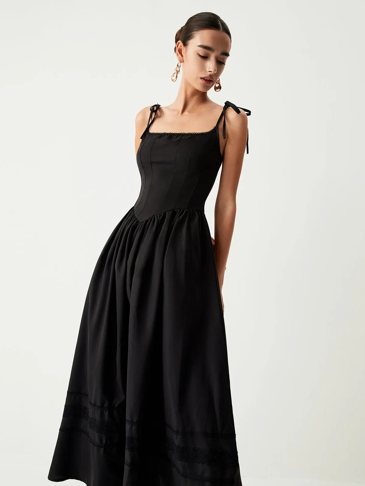 Tie Shoulder Graceful Pleated Midi Dress