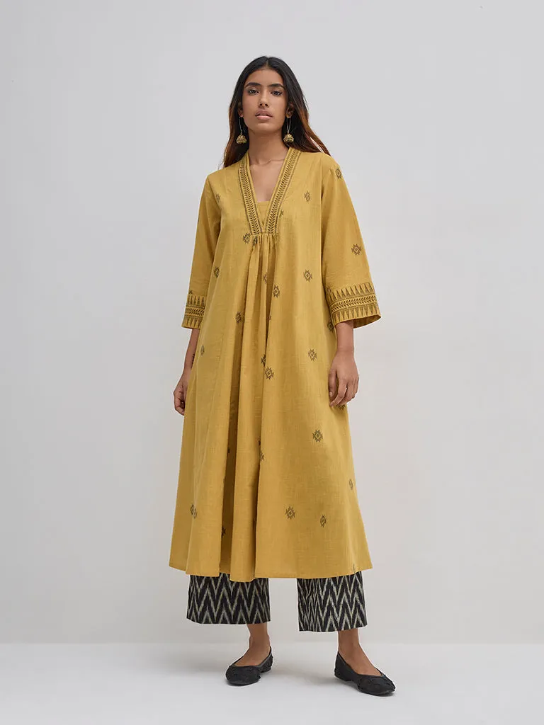 Utsa Mustard Ikat-Embroidered Cotton A-Line Kurta