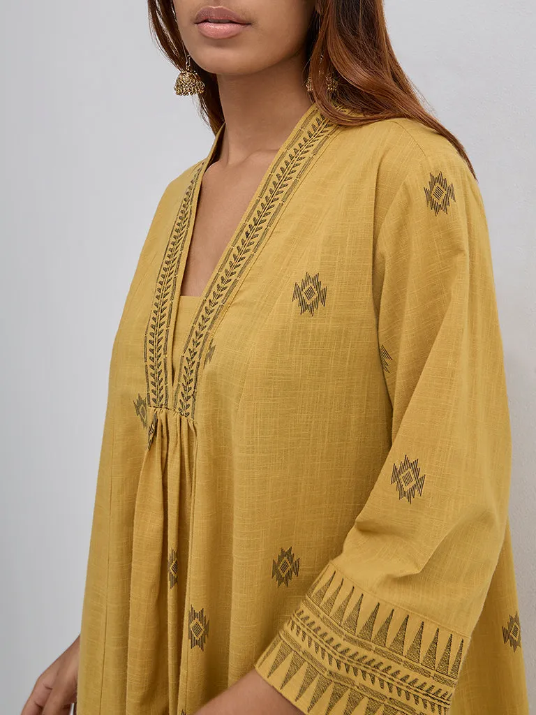 Utsa Mustard Ikat-Embroidered Cotton A-Line Kurta