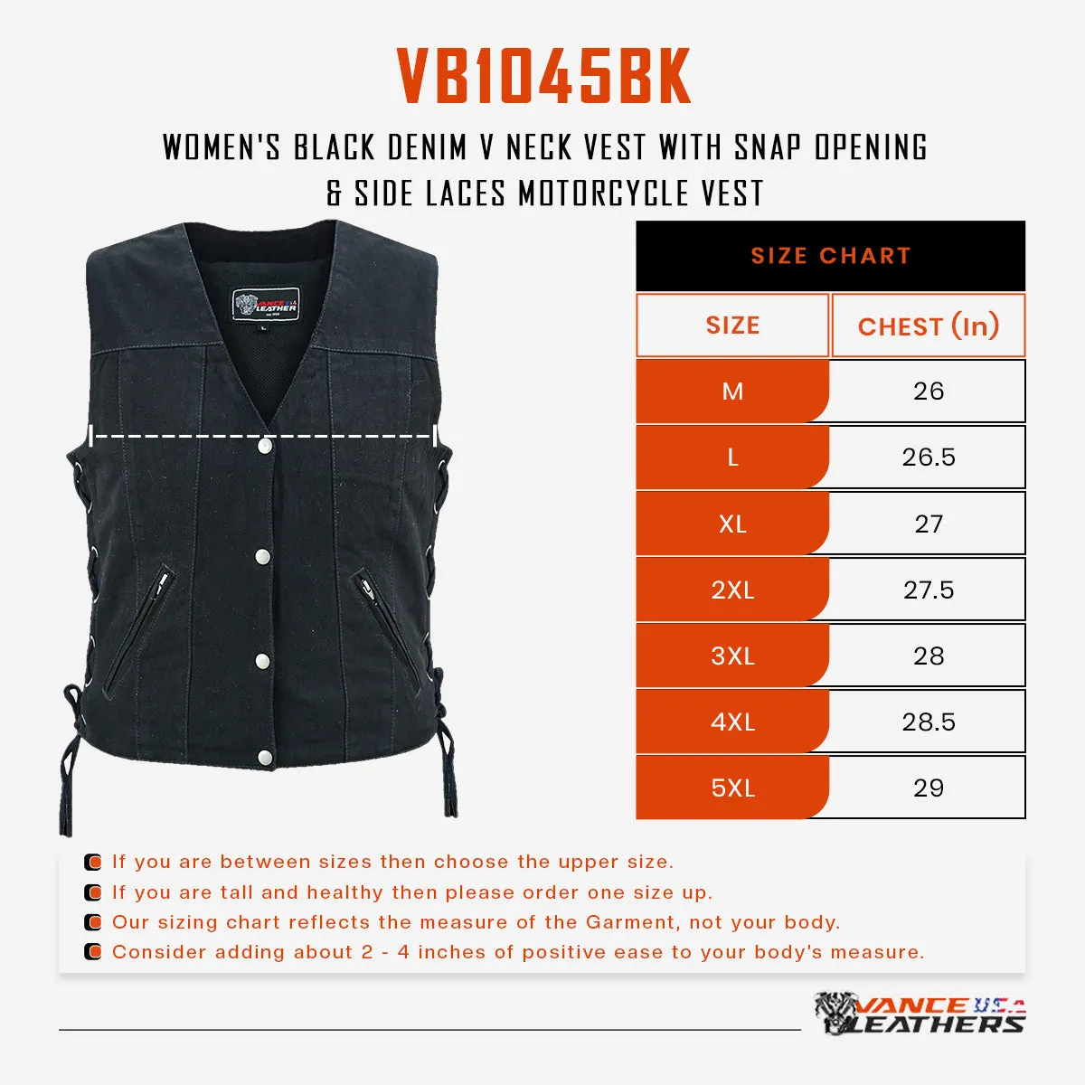 VB1045BK Women's Black Denim V Neck Vest with Snap opening & side laces
