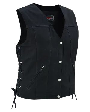 VB1045BK Women's Black Denim V Neck Vest with Snap opening & side laces