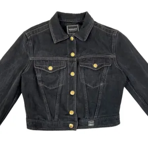 Vintage 90s Black Versace Jeans Denim Button Down Crop Jacket 12 14 M