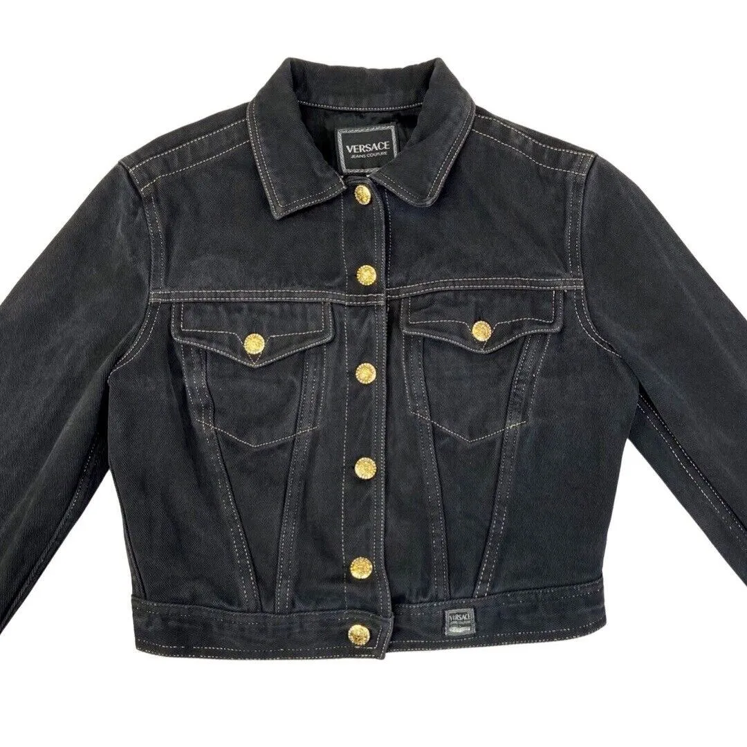 Vintage 90s Black Versace Jeans Denim Button Down Crop Jacket 12 14 M