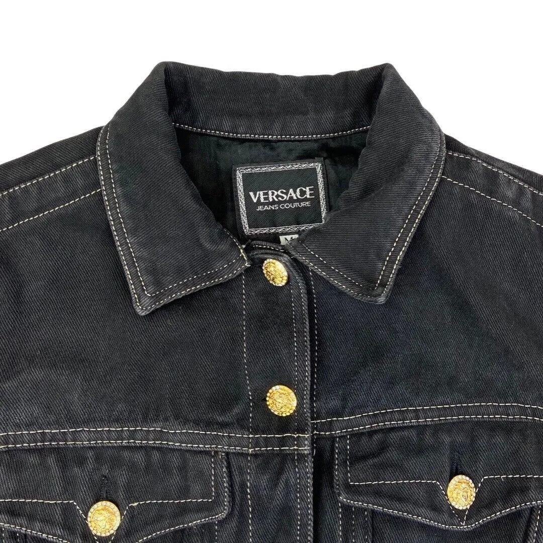 Vintage 90s Black Versace Jeans Denim Button Down Crop Jacket 12 14 M