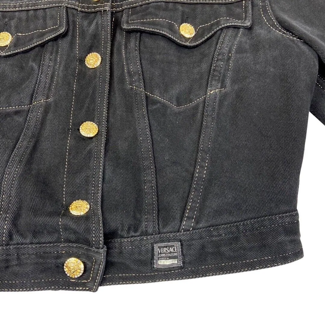 Vintage 90s Black Versace Jeans Denim Button Down Crop Jacket 12 14 M