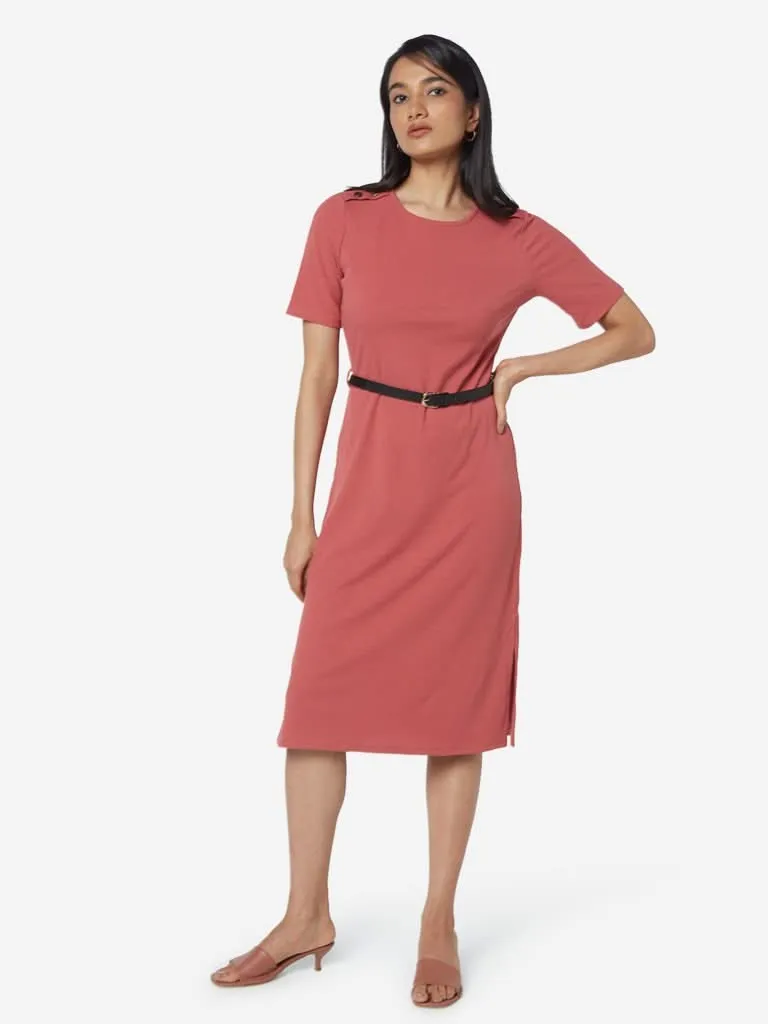 Wardrobe Blush Pink Ribbed Clay Dress With Belt