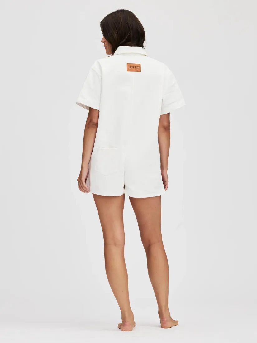 White Short Sleeve Denim Romper
