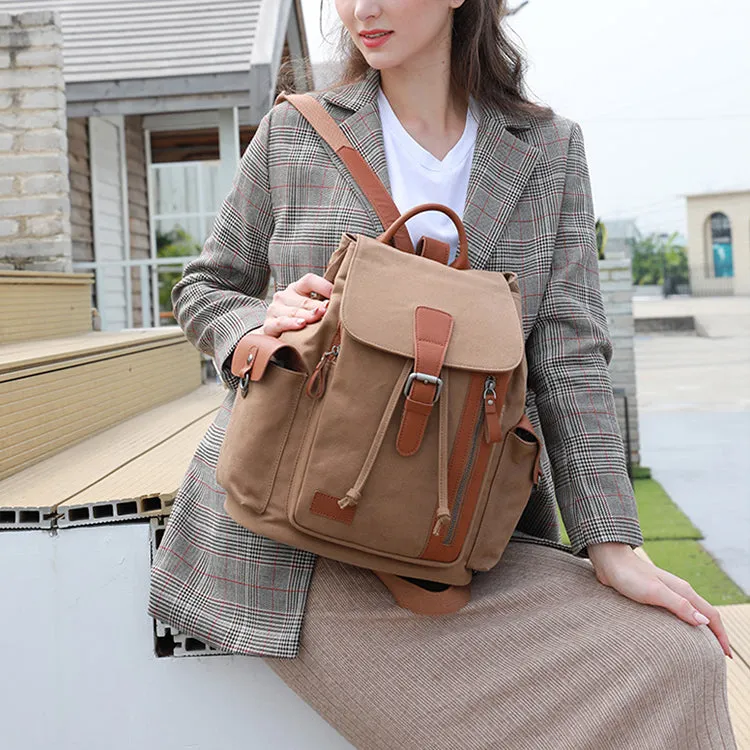Women's Canvas Leather Drawstring Hiking Backpack Purse Rucksack for Women