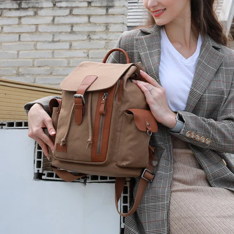 Women's Canvas Leather Drawstring Hiking Backpack Purse Rucksack for Women