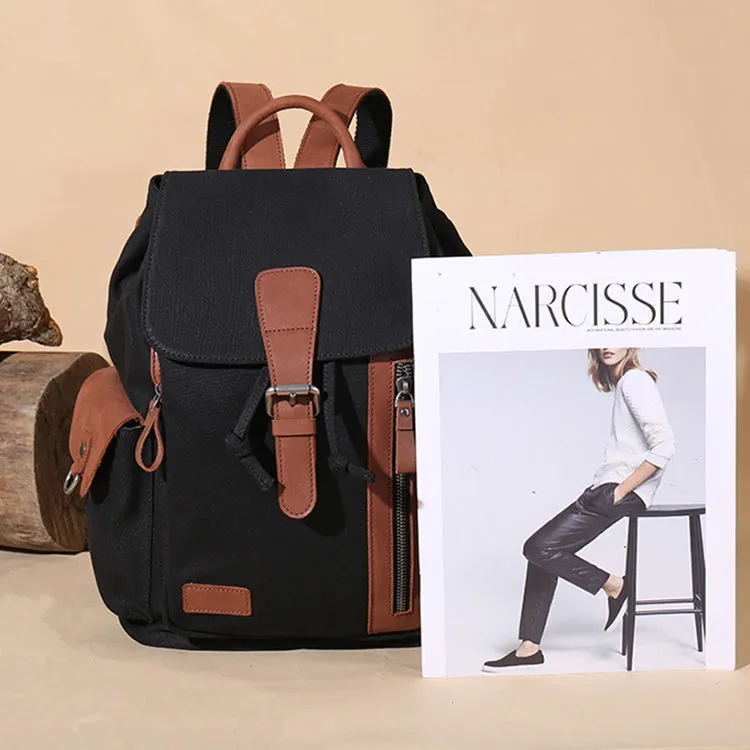 Women's Canvas Leather Drawstring Hiking Backpack Purse Rucksack for Women