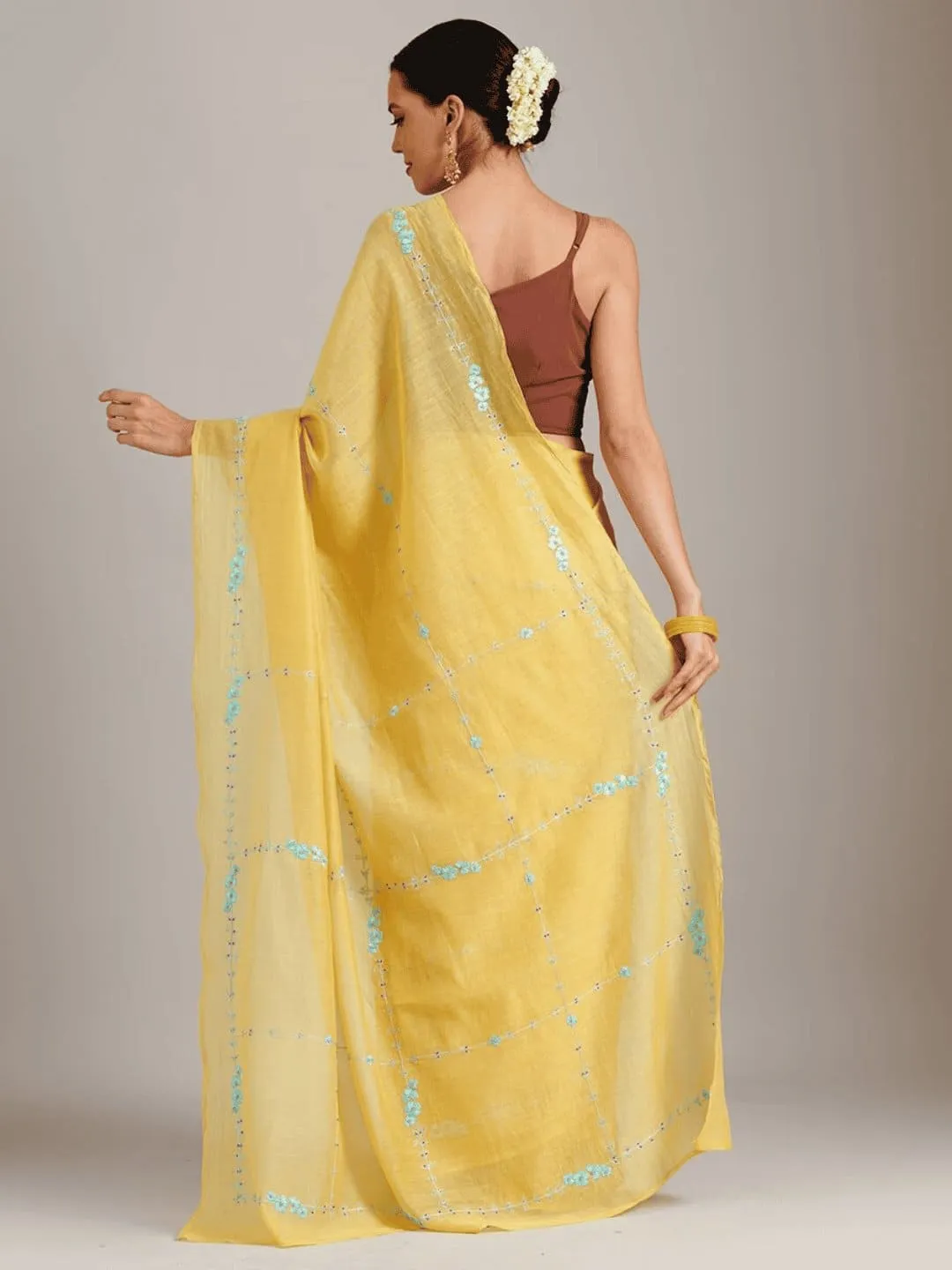 Yellow embroidered Silk Chanderi Saree