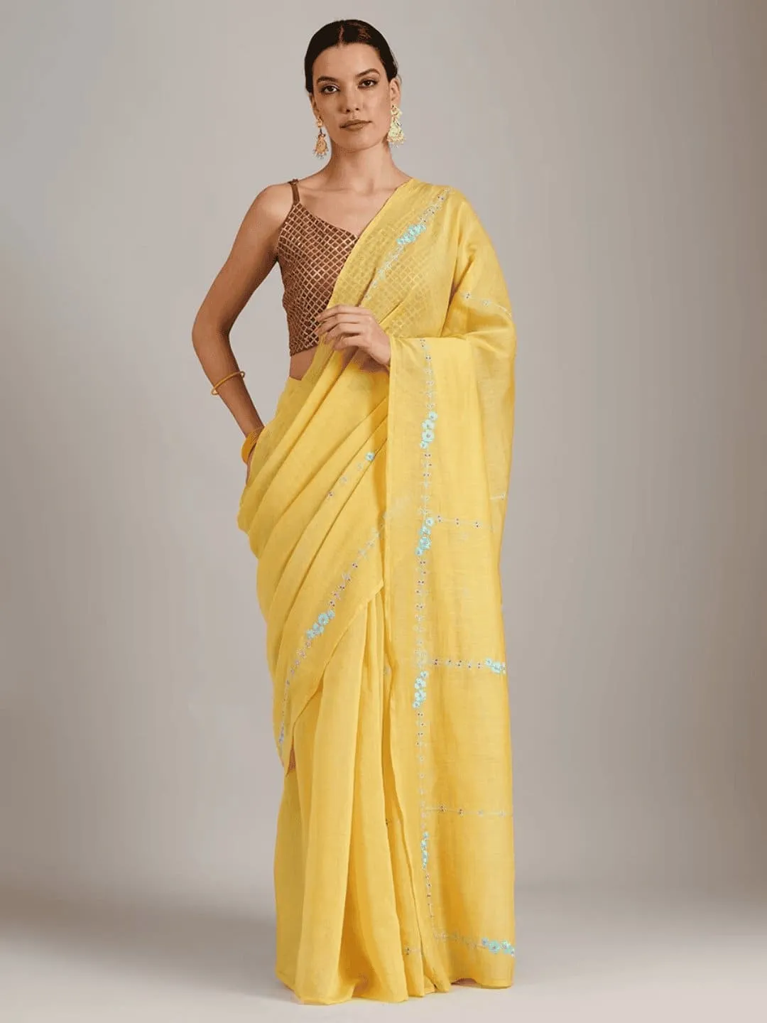 Yellow embroidered Silk Chanderi Saree