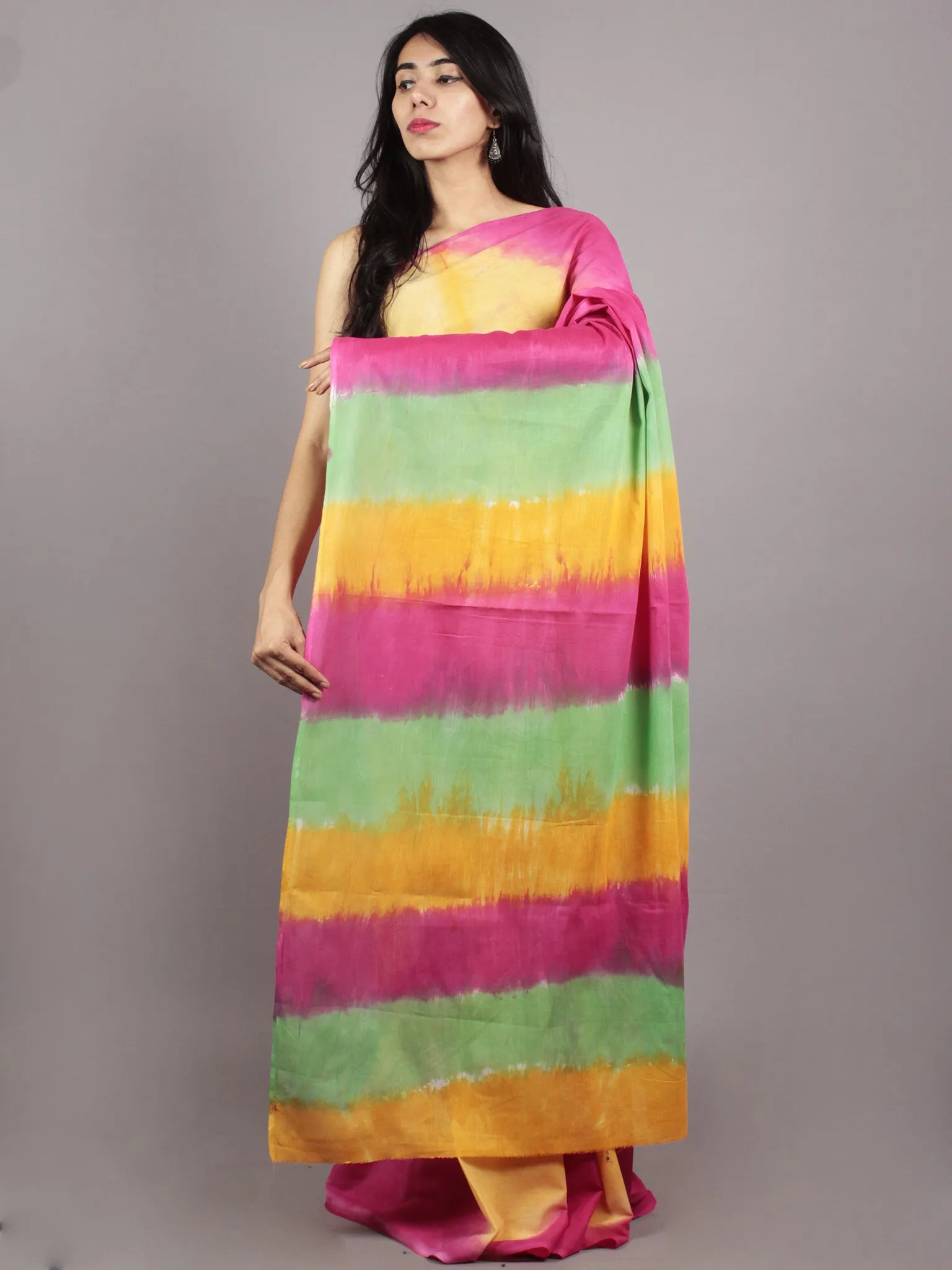 Yellow Pink Green Hand Shibori Dyed Cotton Saree - S031701569
